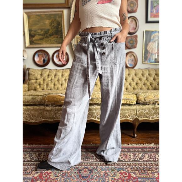 Slouch Gray Linen Wide Leg Casual Pants w Drawstring Ladies Size S/M - Picture 3 of 8